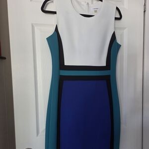 Calvin Klein White, Black, Blue, and Teal Midi Dress